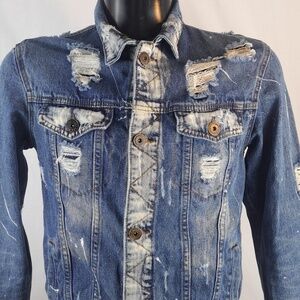 Rolling Paper distressed dark wash faded Med denim jean jacket